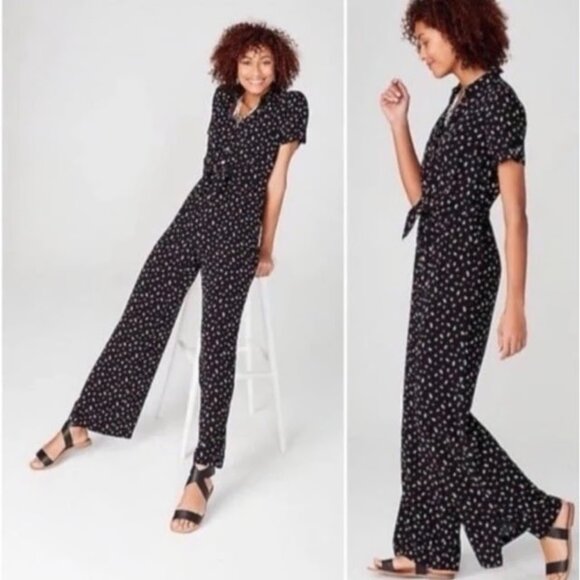J. JILL Nwt Red Ditsy Floral Jumpsuit M Wide Leg Pockets Tie Waist Button Shirt - Picture 1 of 11